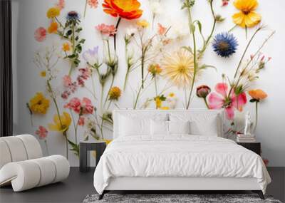 A beautiful bouquet of fresh spring colorful flowers in a flat lay, white background Wall mural