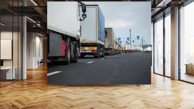 a long traffic jam of many trucks at the border , a long wait for customs checks between States due to the coronavirus epidemic, increased sanitary inspection of cargo transport Wall mural