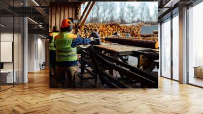 the worker directs the log to the conveyor. a person works in a protective form on a sawmill. automated woodworking in an industrial enterprise Wall mural