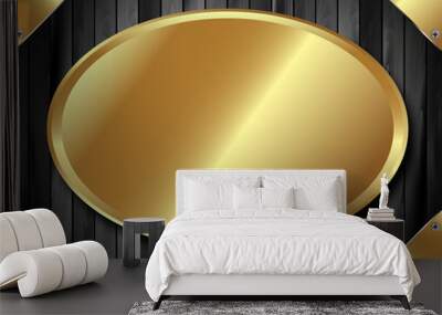 Gold plate on dark wooden background 2 Wall mural