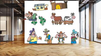 Wild west cartoon set. Various cowboys, drunk with alcohol, bottles, guns, a sheriff with a pistol, cows in a barn, a cactus, a farm. Flat infographics. Vector illustration in cartoon style. Wall mural