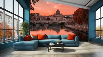 Beautiful view over St Peter's basilica and Vatican from the bridge Umberto I in Rome, Italy on a sunset Wall mural