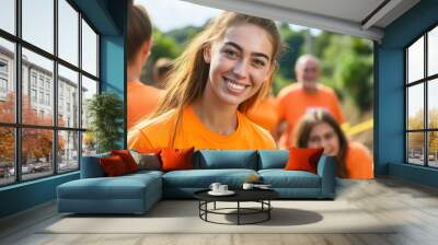 A cheerful young woman with a ponytail smiles brightly, wearing an orange volunteer t-shirt, with blurred group members in the background outdoors Wall mural