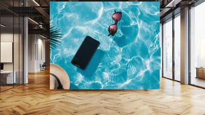 A mockup of a blank iPhone screen sitting on top of water, with sunglasses and a hat floating around the phone Wall mural