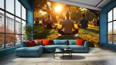 Diverse group of people meditating in park at sunset, seated on grass in serene environment Wall mural