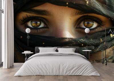 Extreme close-up of an Arabian woman's eyes veiled in black Wall mural