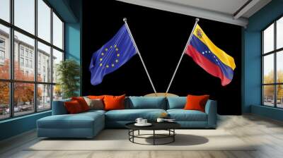 Flags of the European Union (EU) and Venezuela on a golden pedestal. Isolated on black background. Negotiations and signing an international agreement. Conceptual 3D illustration. Wall mural