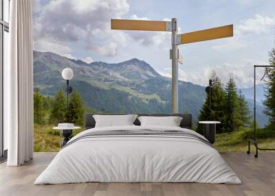 High way signpost on the background of nature, forest and mountains. Beautiful landscape. Wall mural