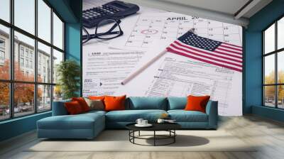 1040 Form US Individual Income Tax Refund, Profit or loss from business form next to the calendar of April 2019, glasses and calculator. Tax Deadline or Due Date  Tax Day Reminder Concept photo. Wall mural