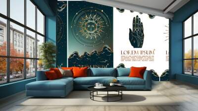 Collection of mysterious vector illustrations in gold colour for stories templates, mobile app, landing page, web design. Occult magic background for astrology, divination, tarot concept.  Wall mural