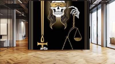 Justice. The 11th card of Major arcana black and gold tarot cards. Vector hand drawn illustration with skulls, occult, mystical and esoteric symbols. Wall mural