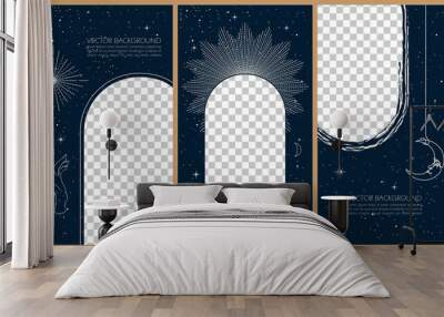 Set of celestial mysterious vector illustrations for stories templates, mobile app, landing page, web design, posters. Occult magic background for astrology, divination, tarot concept. Sun, moon, star Wall mural