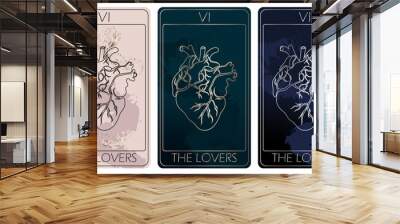 The Lovers. A card of Major arcana one line drawing tarot cards. Tarot deck. Vector linear hand drawn illustration with occult, mystical and esoteric symbols. 3 colors. Proposional to 2,75x4,75 in. Wall mural