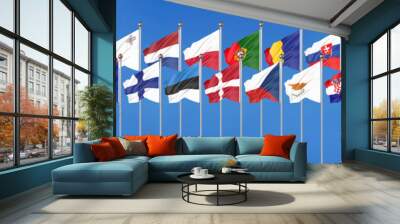 Silk waving 28 flags of countries of European Union. Blue sky background. 3D illustration. - Illustration Wall mural