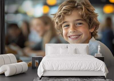 Smiling young boy at cafe or school canteen with fresh pastries Wall mural