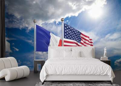 United States of America vs France. Thick colored silky flags of America and France. 3D illustration on sky background. - Illustration Wall mural