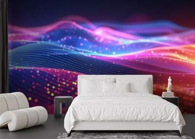 Vibrant neon shimmer waves in gradient colors, creating dynamic and energetic abstract composition Wall mural