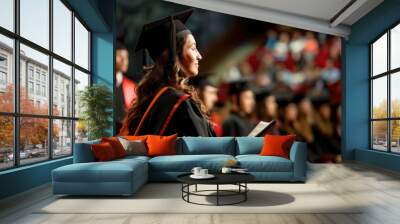 A female graduate in a black gown and mortarboard holding a diploma on stage, Asian ethnicity, audience in the background. Education day and academic concept.  Wall mural