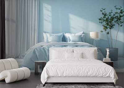 A soothing bedroom featuring a large, comfortable bed with sky-blue bedding, ample natural light, and a serene, minimalist aesthetic. Wall mural