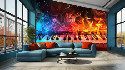 A Vibrant piano keyboard with flames in the background. background for World Music Day event banner with abstract musical instruments design. Concept Music Instruments, World Music Day, Event Banner Wall mural