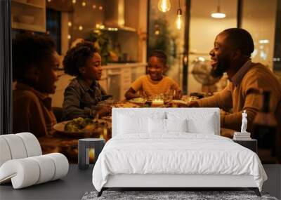 African American family enjoying a cozy dinner by candlelight, with laughter and engaging conversations. Wall mural