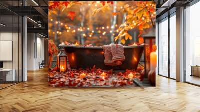 an outdoor bathtub surrounded by autumnal decorations and cozy blankets Wall mural