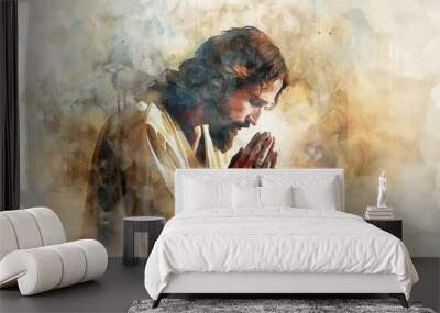 Artistic depiction of Jesus Christ kneeling in prayer, hands clasped, surrounded by a cloudy and abstract background. Wall mural