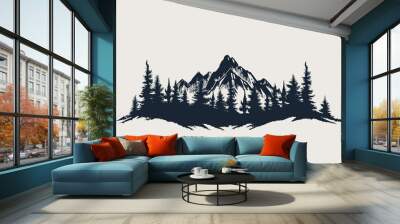 Black silhouette of mountains and forest fir trees camping landscape panorama illustration, isolated on whe background Wall mural