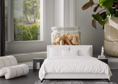 Clear jar on a white windowsill filled with beige capsules, accompanied by a plant, in a bright, natural light setting. Cordyceps supplements Wall mural