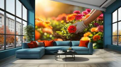 Closeup of woman's hands planting flower into the ground in her home garden. A gardener transplant the plant on a bright sunny day. Horticulture and gardening concept Wall mural