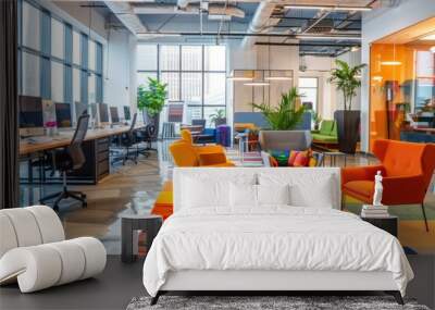 Colorful and contemporary office space with modern furnishings and a lively mix of colors, designed for both work and relaxation, featuring large windows and urban views. Wall mural