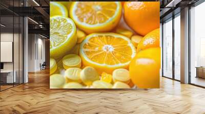 Fresh Citrus Fruits and Vitamin C Pills on Whitewashed Wooden Background, Health Concept with Oranges and Lemons Rich in Vitamin C Wall mural