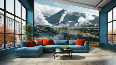 Geothermal power plant amidst steam vents and rugged landscape. Wall mural