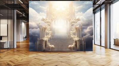 Glorious ornate pearly gates of heaven with stunning bright light shining from within, symbolizing hope, peace, and eternal beauty Wall mural