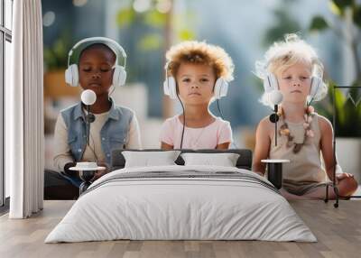 Meditating boy and two girls listening to music in headphones meditating on in kindergarten, meditating Wall mural