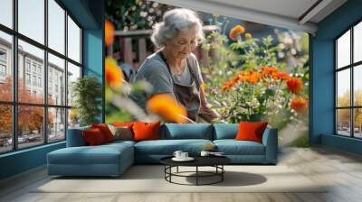 Senior Caucasian woman gardening in her backyard, surrounded by vibrant flowers on a sunny day. Wall mural