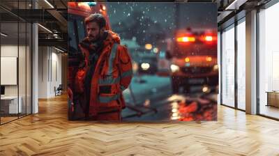 Two men in orange jackets are standing next to an ambulance. One of them is talking to the other. The scene is set in the rain, with the ambulance parked on the side of the road Wall mural