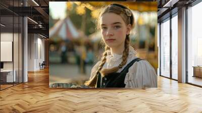 Young Caucasian girl in traditional attire holding a pie, with a blurry carousel background. Wall mural