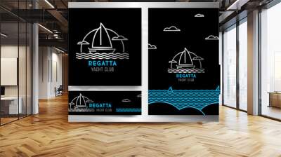 Set of marine templates with yachts, sea and clouds on dark background. Vector illustration. Wall mural