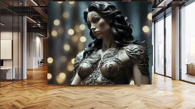 A close-up of a glamour sculpture of a woman. It is a muscular mythical hero with a complex design and many details Wall mural