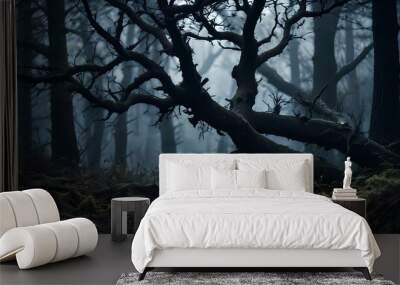 Dark, creepy fairytale forest, scary dry crooked trees Wall mural