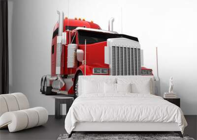 Logistics concept. American red Freightliner cargo truck without a container moving from left to right isolated on white background. Front perspective view. 3D illustration Wall mural