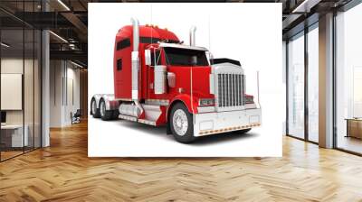 Logistics concept. American red Freightliner cargo truck without a container moving from left to right isolated on white background. Front perspective view. 3D illustration Wall mural