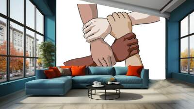 Four diverse men holding each others wrists. Top view. Vector Wall mural