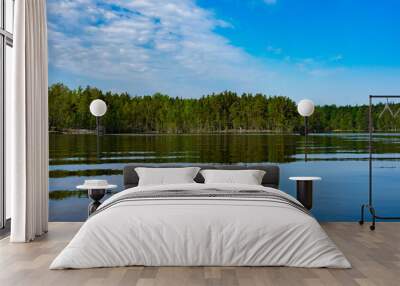 Scenic view of the lake and forest against the blue sky Wall mural