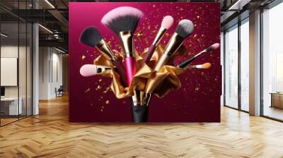 Product photography: women's cosmetics, colored shadows and brushes on a bright background. Wall mural