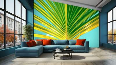 Tropical palm leaves floating on the water surface. Sun glare. Tropical background. Wall mural