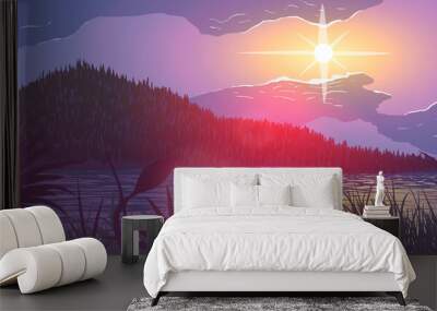 Grassy river bank among mountains at sunset in vector Wall mural