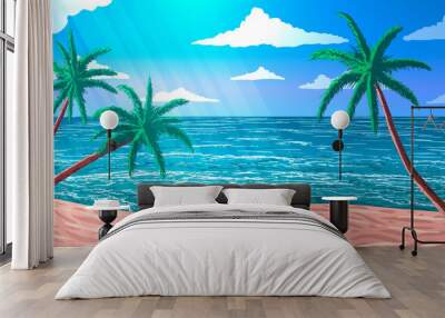 Palm trees in sun rays on blue ocean shore  Wall mural