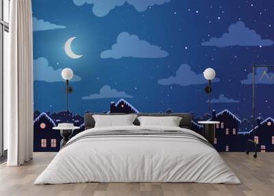 Vector illustration. Night town village in snow houses and moon among clouds Wall mural